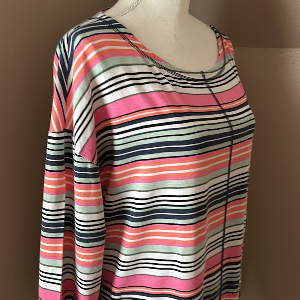 Talbots striped tunic.  Navy, pink, peach, mint green, white.  Boat neck